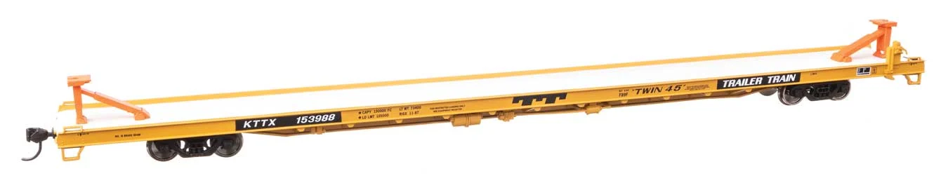 Walthers Mainline HO Trailer-Train KTTX #153988 (yellow, black; Twin 45') 89' Channel Side Flatcar
