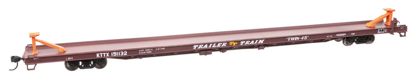 Walthers Mainline HO Trailer-Train KTTX #151132 (1960s brown, Twin 45') 89' Channel Side Flatcar