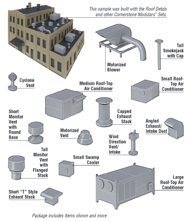 Walthers Cornerstone HO Scale Roof Details Kit 3 – Rooftop HVAC & Vent Detail Set – 933-3733