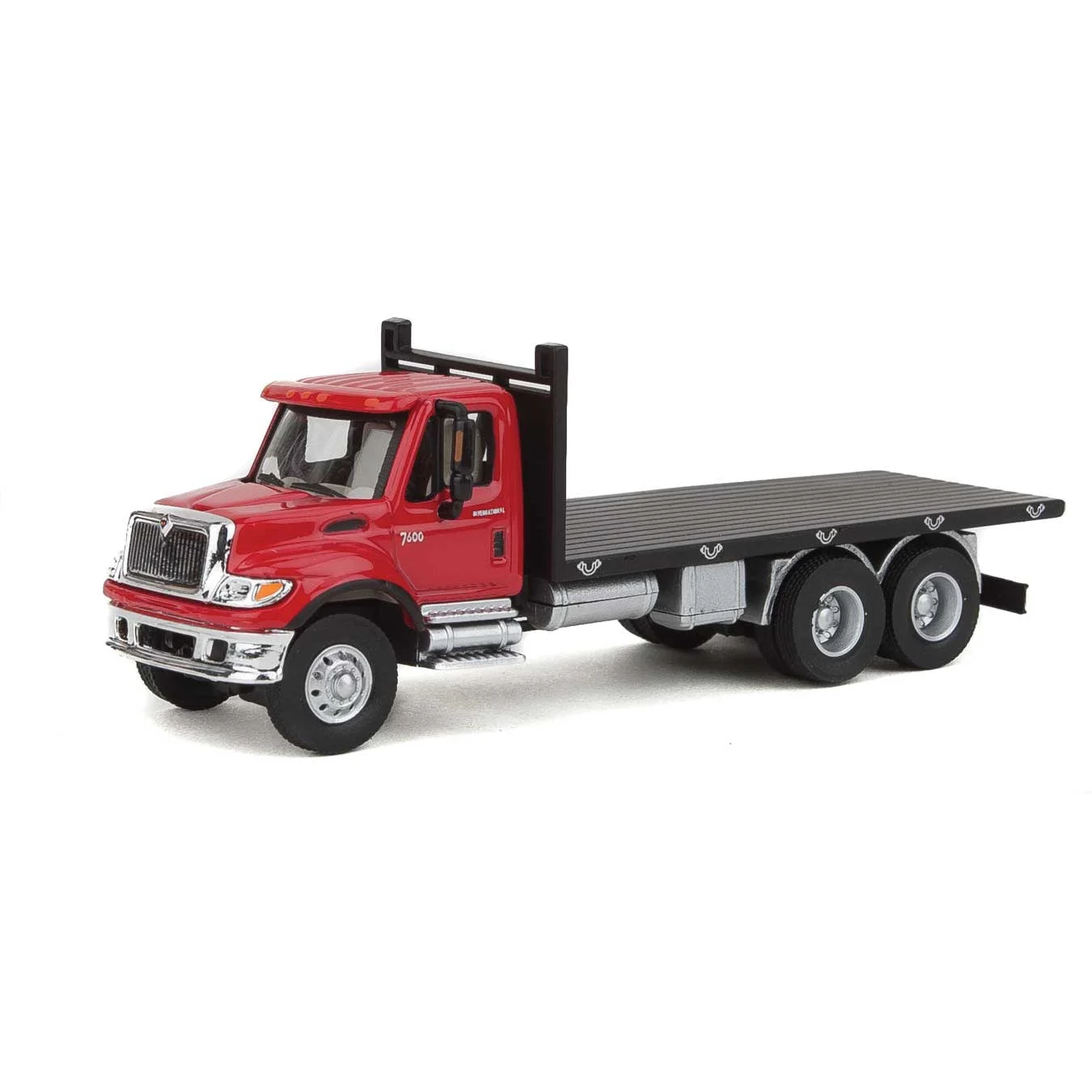 Walthers International(R) 7600 3-Axle Flatbed Truck - Assembled -- Red Cab, Black Flatbed