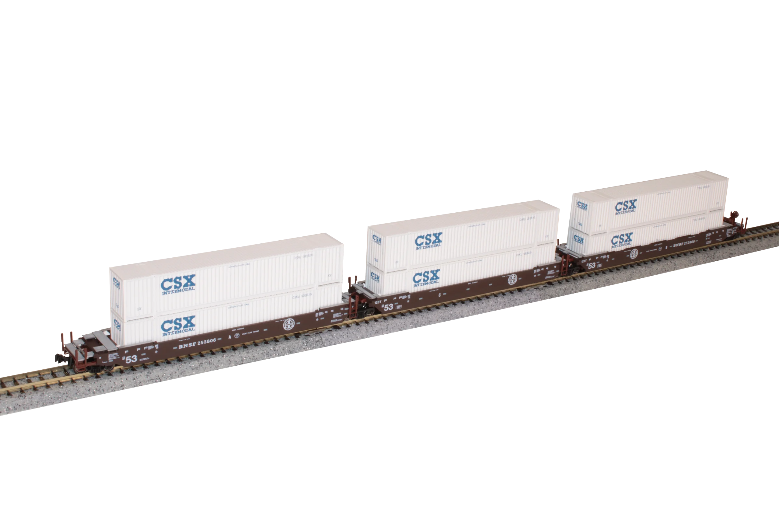 Kato N Scale BNSF MAXI-IV 53' Well Cars with CSX Containers