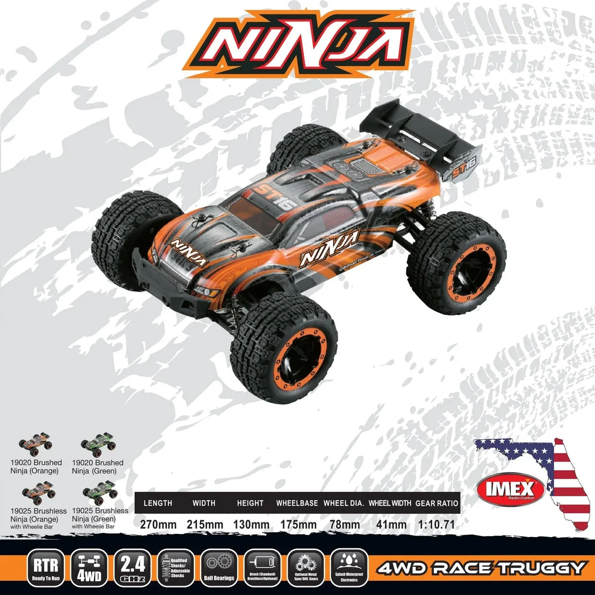 1/16 IMEX Ninja Brushed RTR 4WD Truggy - Orange 19020O