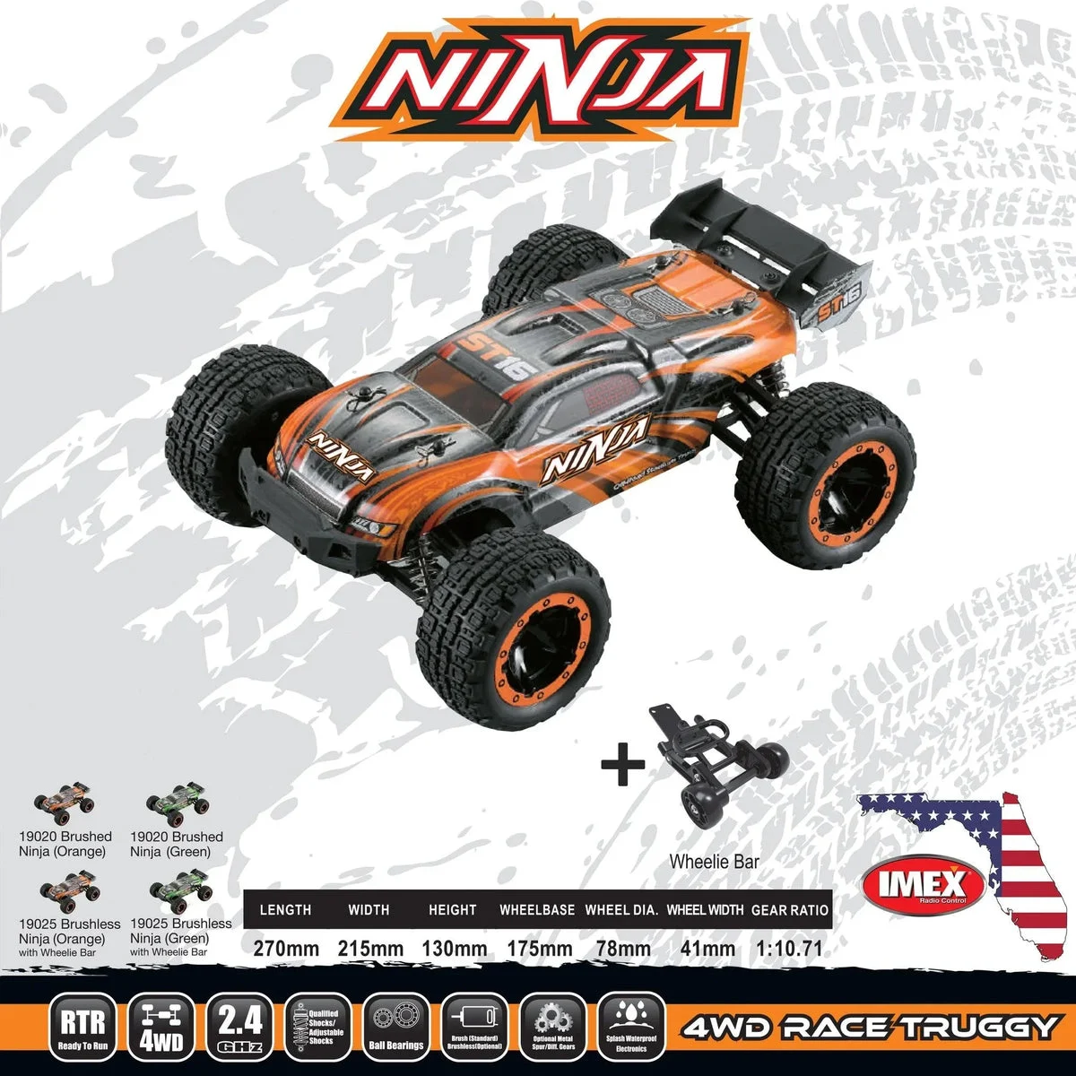 1/16 IMEX Ninja Brushless RTR 4WD Truggy - Orange 19025O