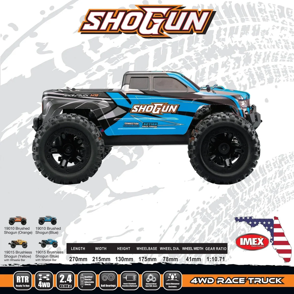 1/16 IMEX Shogun Brushed RTR 4WD Monster Truck - Blue 19010B