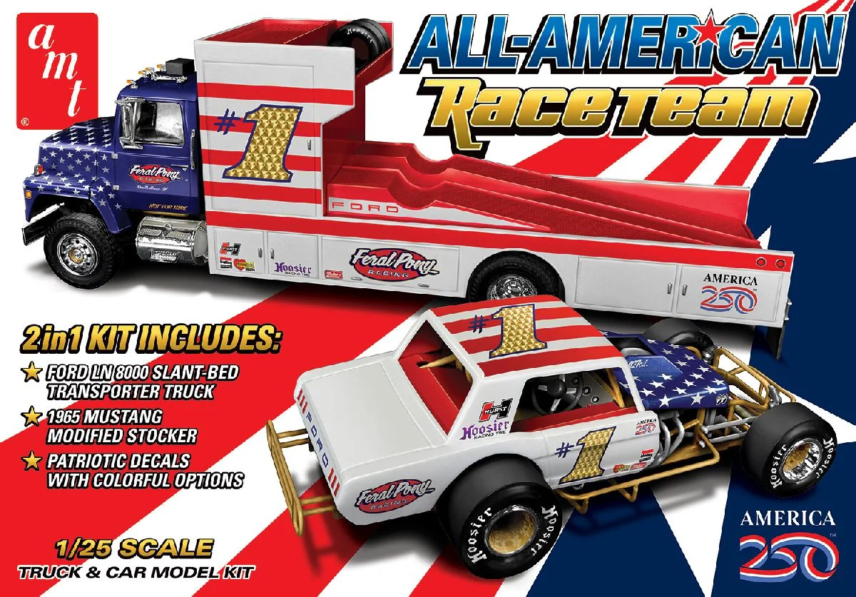 AMT 1/25 All American Race Team Ford LN 8000 Transporter & 1965 Mustang Plastic Model Kit - AMT1596