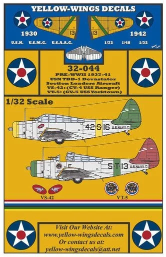 1/32 Yellow Wings Decals Douglas TBD-1 Devastator VS-42, VT-5 Pre-War