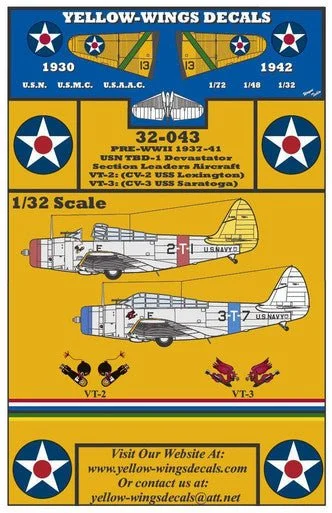 1/32 Yellow Wings Decals Douglas TBD-1 Devastator VT-2, VT-3 Pre-War