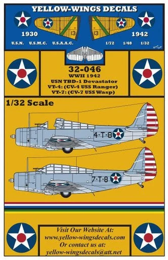1/32 Yellow Wings Decals Douglas TBD-1 Devastator VT-4, VT-7 WWII