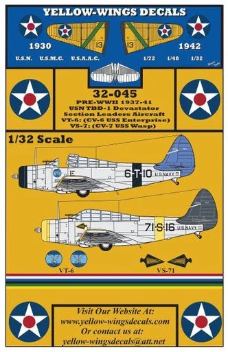 1/32 Yellow Wings Decals Douglas TBD-1 Devastator VT-6, VS-71 Pre-War