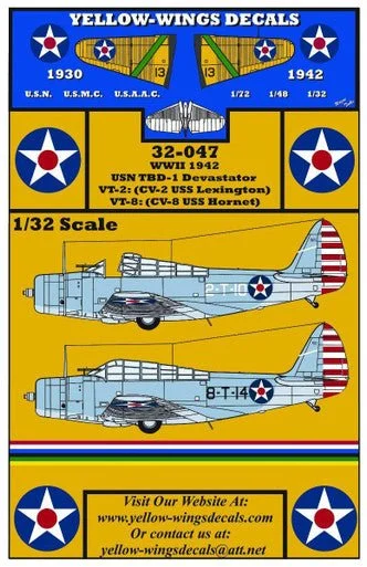 1/32 Yellow Wings Decals Douglas TBD-1 DevastatorVT-2, VT-8 WWII