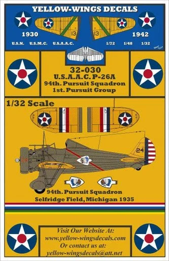 1/32 Yellow Wings Decals USAAC P-26 Peashooter 94th Pursuit Squadron