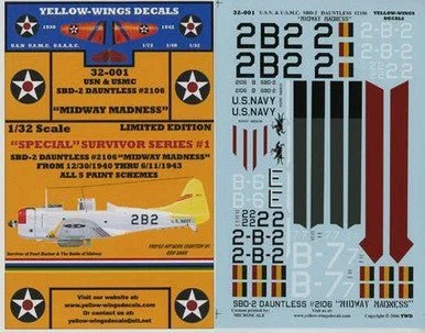 1/32 Yellow Wings Decals USN SBD-2 Dauntless #2106 Midway Madness