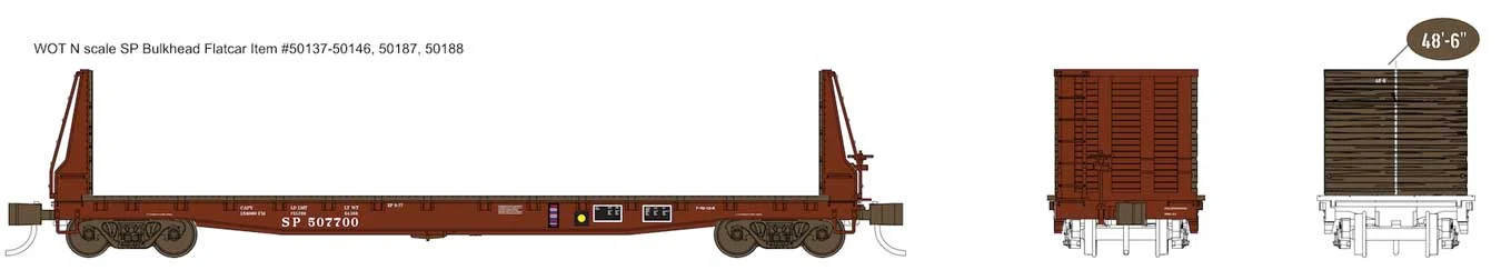 Wheels of Time N Southern Pacific SP #507700 Gunderson 70-Ton 53'6" Bulkhead Flatcar - 50137