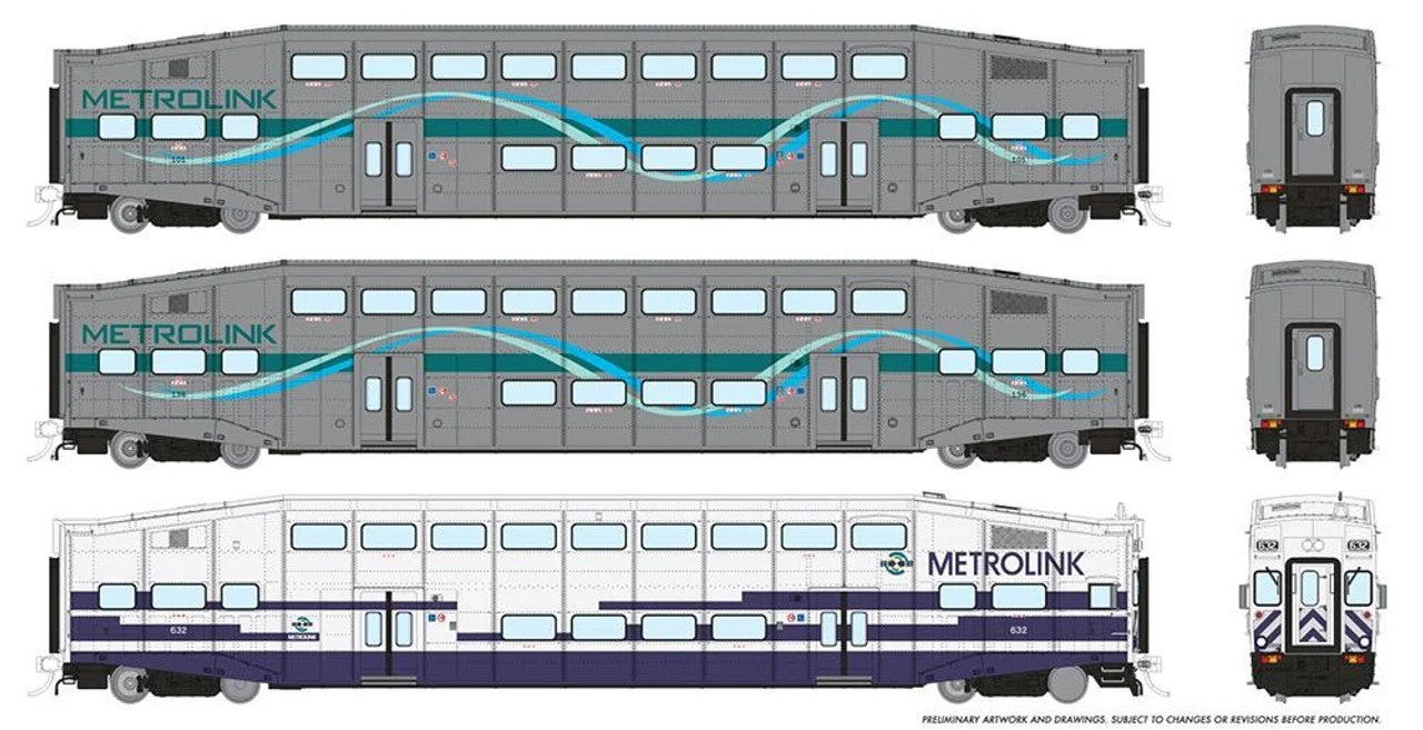 Rapido HO Metrolink Ribbon Scheme BiLevel Commuter Cab Car & 2 Coaches Set #2 146045