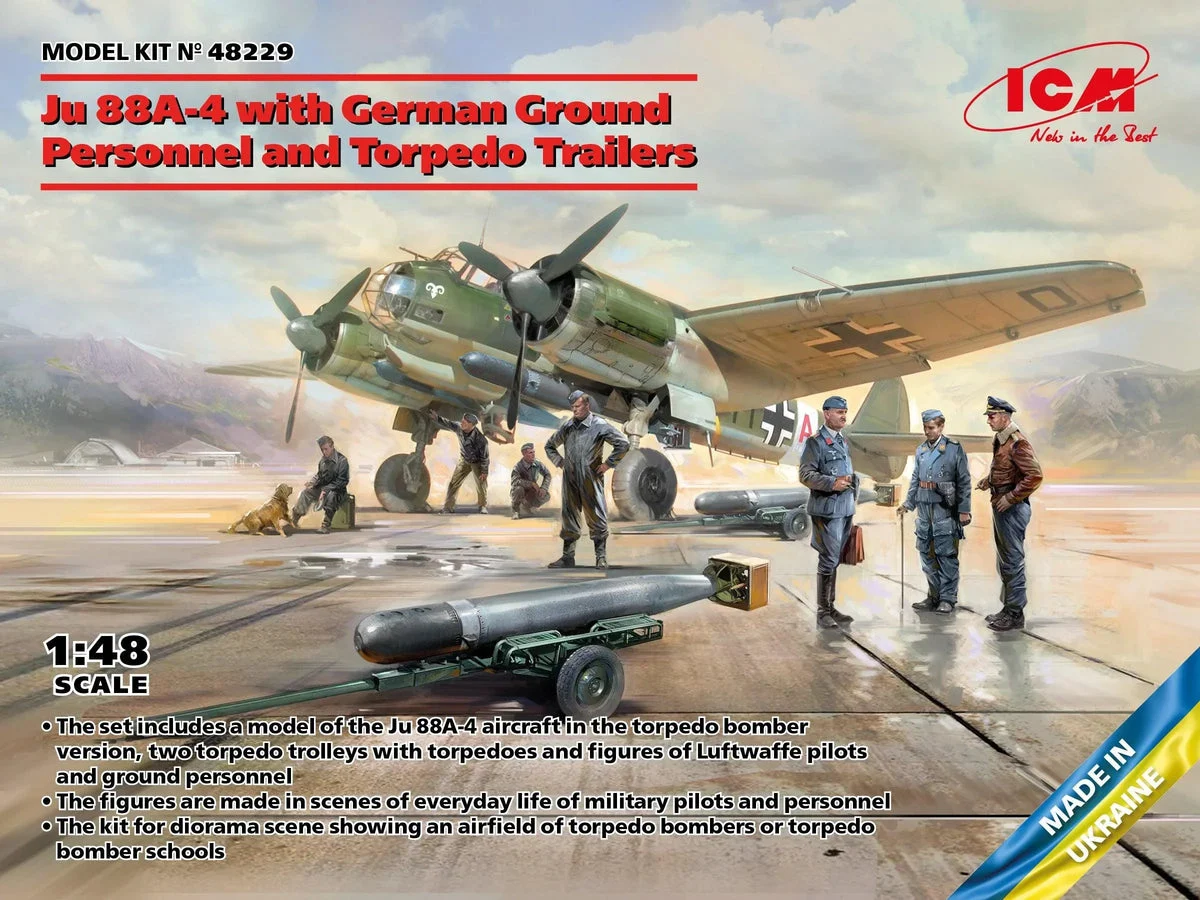 1/48 ICM Ju 88A-4 w/German Ground Personnel & Torpedo Trailers 48229