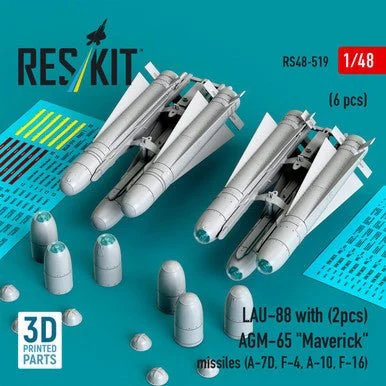 1/48 Reskit AGM-65 Maverick missiles (6 pcs) with LAU-88 (2 pcs) (A-10, F-16, F-8) (3D Printed)