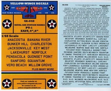 1/48 Yellow Wings Decals U.S. Naval Air Station Names (East)