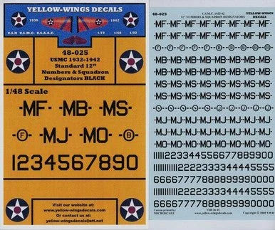 1/48 Yellow Wings Decals USMC 1932-41 Standard 12 Numbers Black