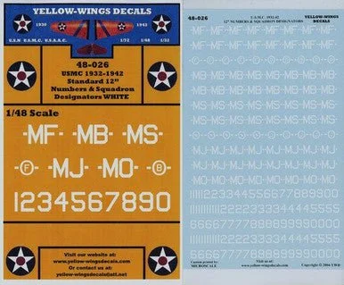 1/48 Yellow Wings Decals USMC 1932-41 Standard 12 Numbers White