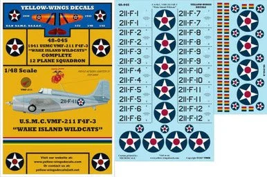 1/48 Yellow Wings Decals USMC F4F-3 VMF-211 Wake Island Wildcats