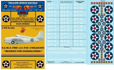 1/48 Yellow Wings Decals USMC F4F-3 Wildcat VMF-121