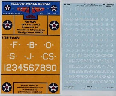 1/48 Yellow Wings Decals USN 1932-41 Standard 12 Numbers White