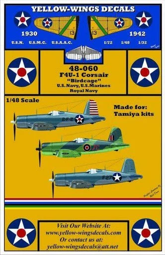 1/48 Yellow Wings Decals USN & USMC F4U-1 Birdcage Corsair