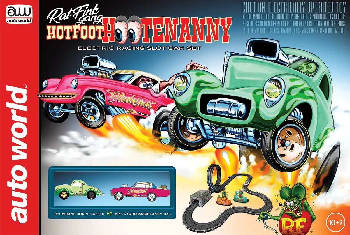Auto World Rat Fink Gang Hotfoot Hootenanny Slot Race Set 14.5’ Track w/ 1941 Willys Coupe & 1953 Studebaker Funny Car