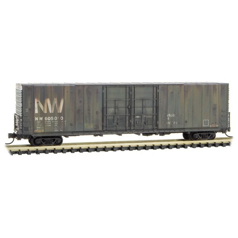 Micro Trains Line N 60' Box Car, Excess Height Double Plug Doors, Rivet Side Norfolk & Western Rd# 605010 Weathered
