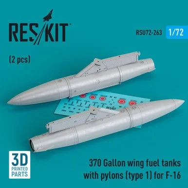 1/72 Reskit 370 Gallon wing fuel tanks with pylons (type 1) for F-16 (2 pcs) (3D Printed)