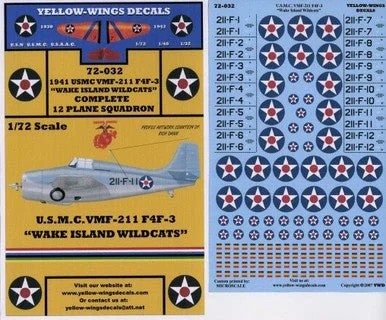 1/72 Yellow Wings Decals USMC VMF-211 Wake Island Wildcats