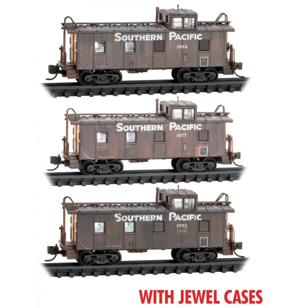 Micro Trains Line N Scale 36' Riveted Steel Cupola Caboose Weathered Southern Pacific 3 Pack Jewel Cases