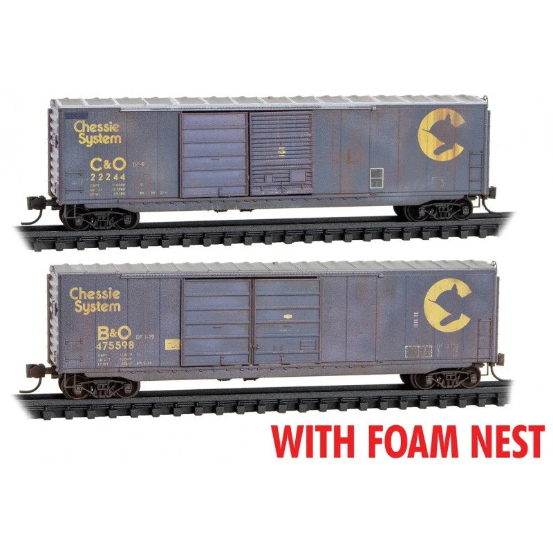 Micro Trains N Scale 50' Double-Door Boxcar Weathered Chessie System 2 Pack - Foam Nest