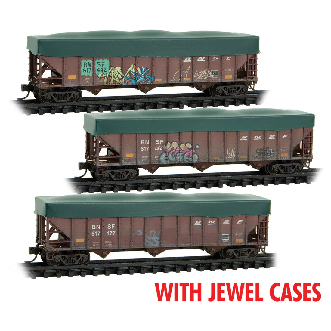 Micro Trains N Scale BNSF 3-bay Hoppers with Tarp Weathered JEWEL CASES RD# 617442, 617462, 617477
