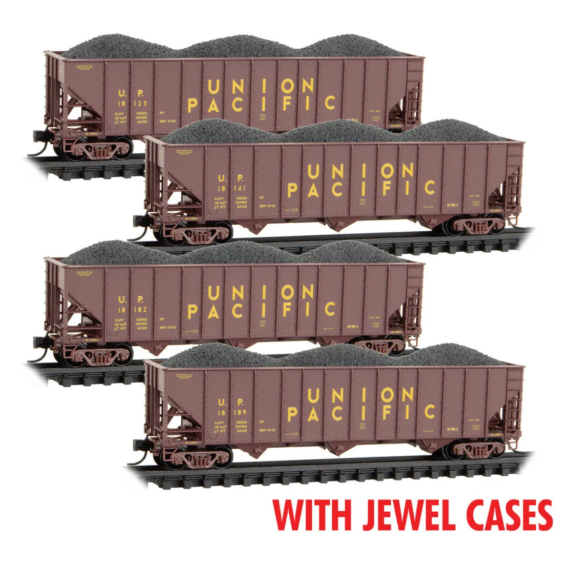 Micro Trains N Scale Union Pacific 4-Car Runner Pack JEWEL CASES RD# UP 18125, 18141, 18182, 18189
