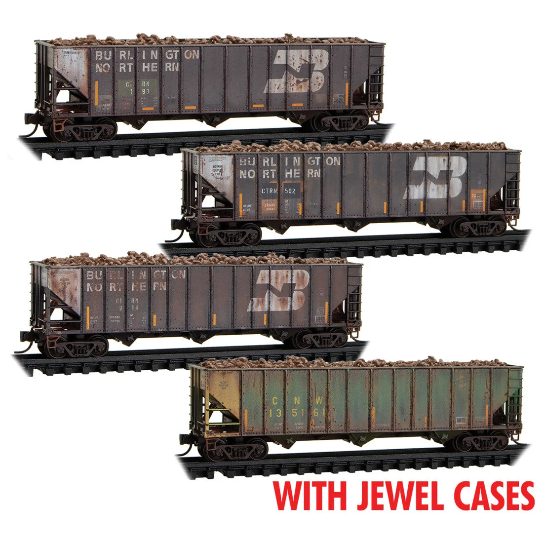 Micro Trains Line N Scale CTRN/ex-BN 100 Ton 3-Bay Hopper Weathered 4 Pack RD# CTRN 193, 502, 914, CNW 135161