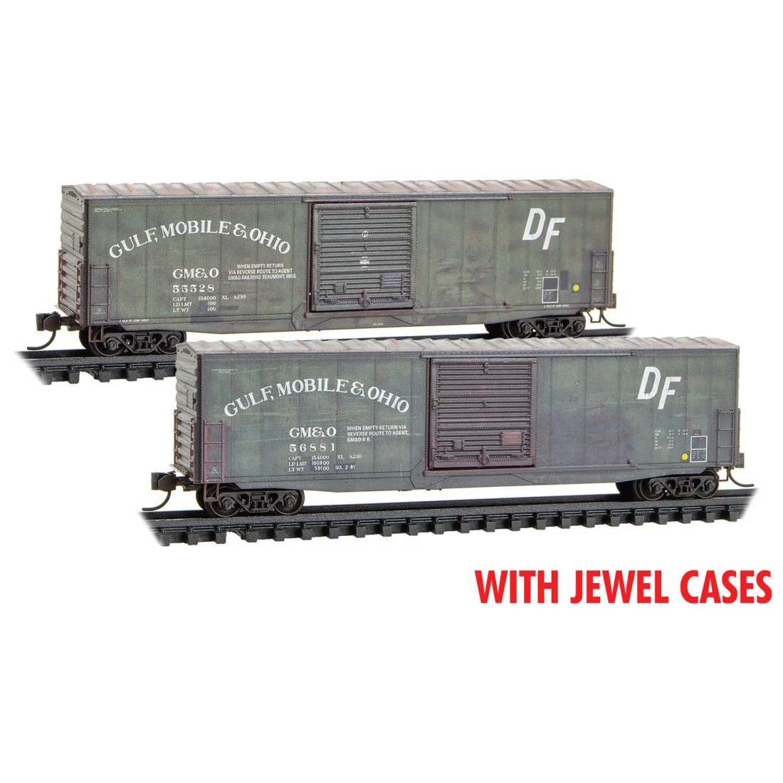 Micro Trains N Gulf, Mobile & Ohio 50' Standard Box Car Weathered 2-Pack With Jewel Cases RD# GM&O 55528, 56881