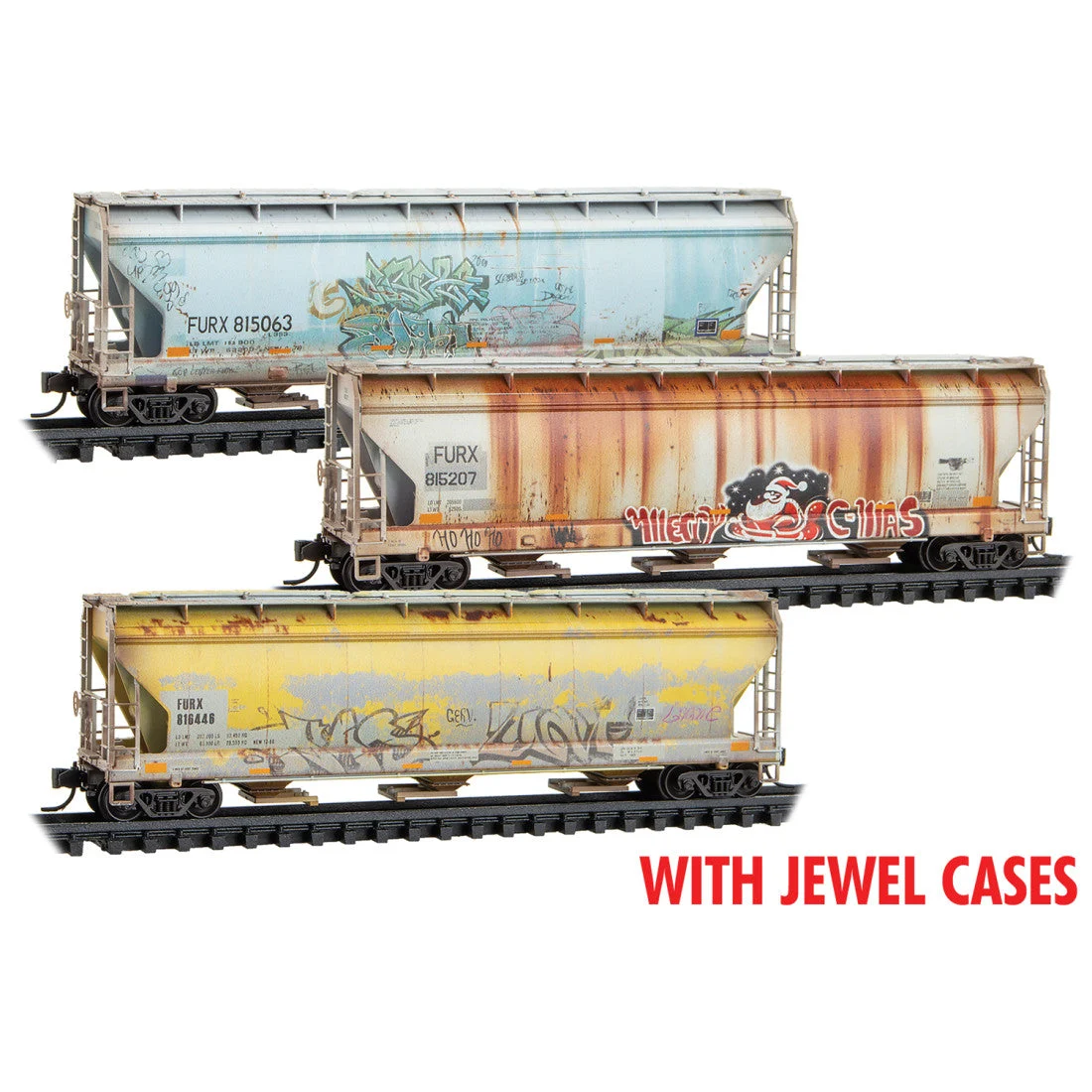 Micro Trains N First Union Rail Leasing 3-Bay Covered Hoppers Weathered 3 Pack RD# FURX 815063, 815207, 816446