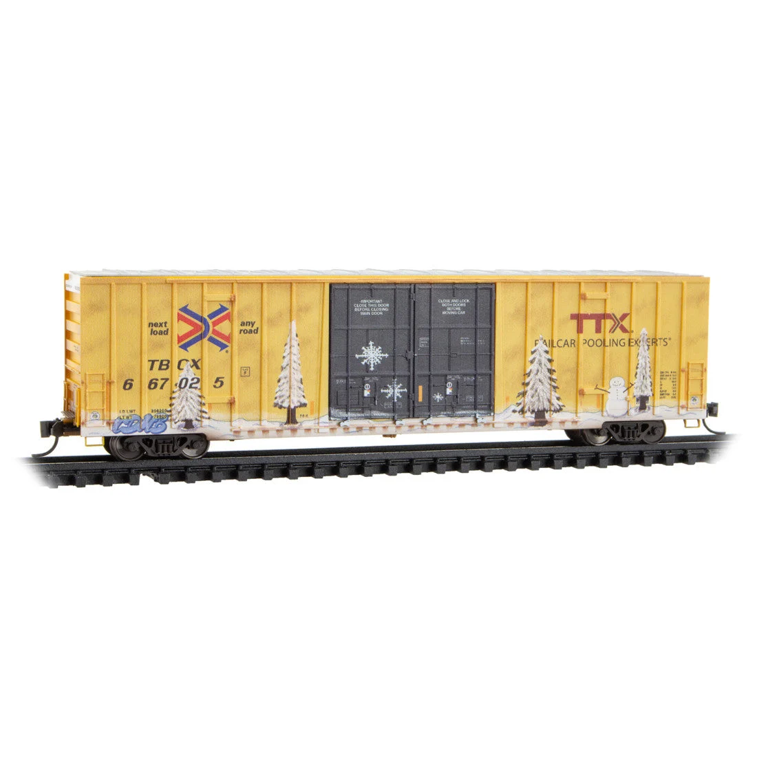 Micro Trains N TTX Weathered Christmas 60' Rib Side Double-Plug Door High Cube Boxcar RD# TBOX 667025