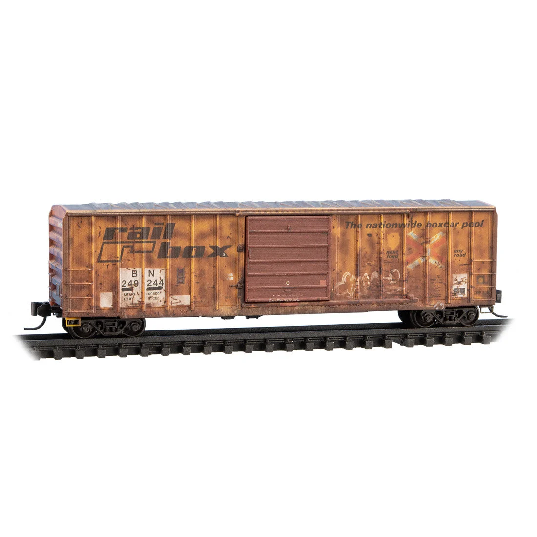 Micro Trains N Scale Burlington Northern ex-Railbox 50' Rib Side Boxcar Weathered RD# 249244
