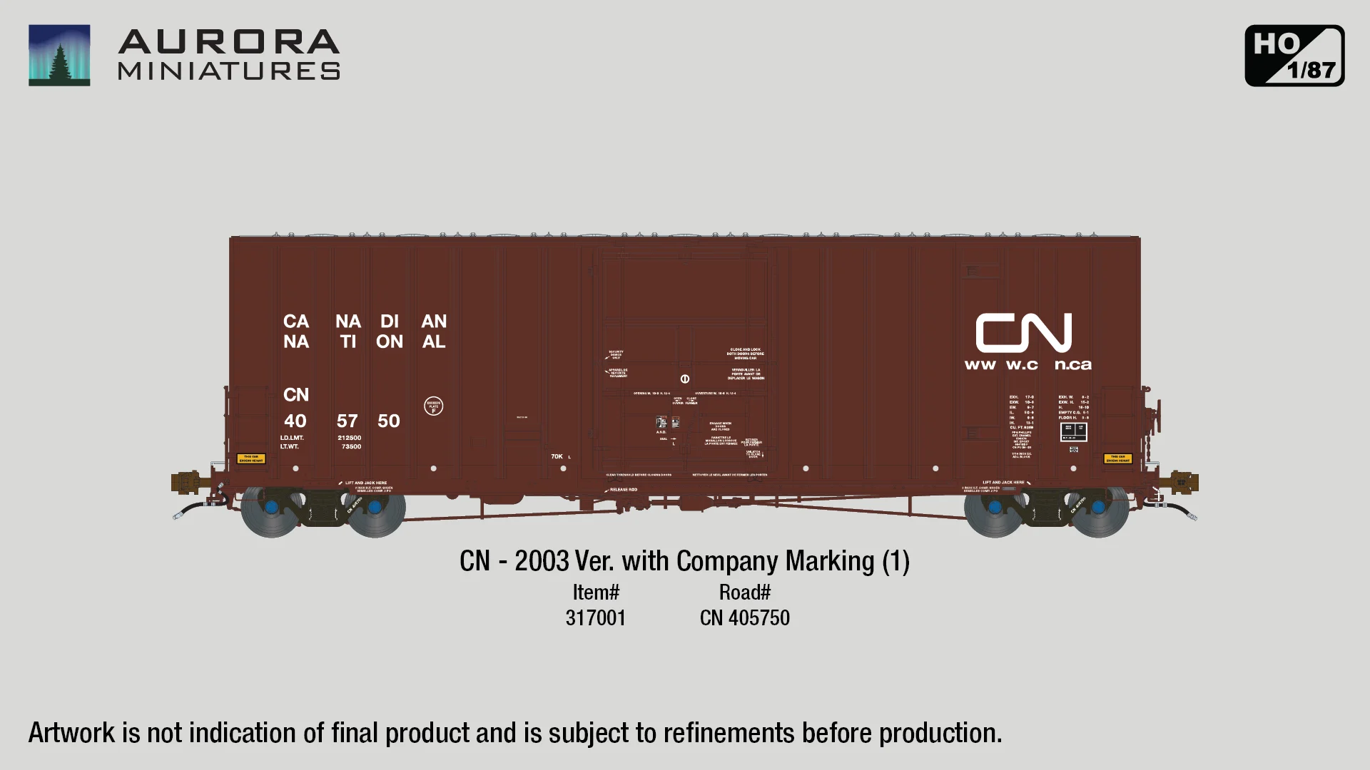 Aurora Miniatures HO Canadian National CN 50' Boxcar 405750 (2003 Delivery w/ Dots)