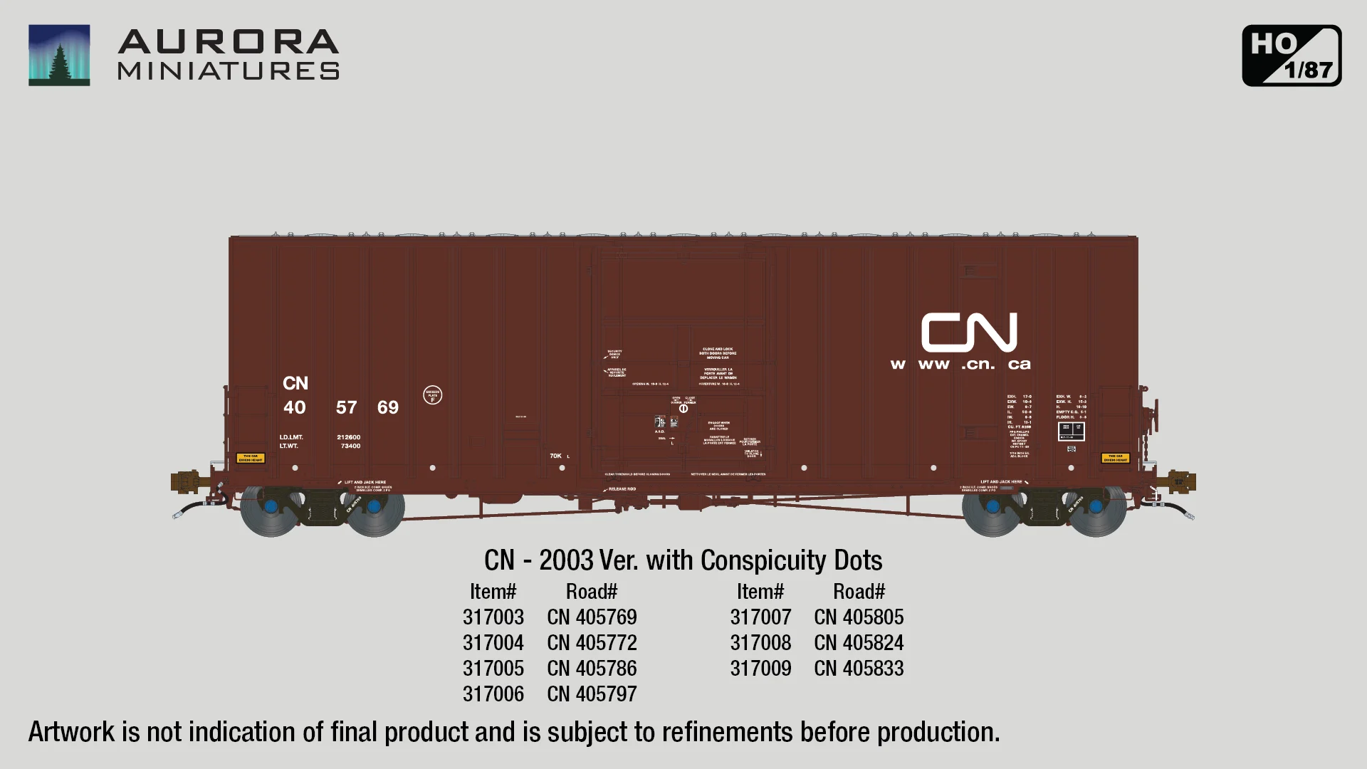 Aurora Miniatures HO Canadian National CN 50' Boxcar 405797 (2003 Delivery w/ Dots)