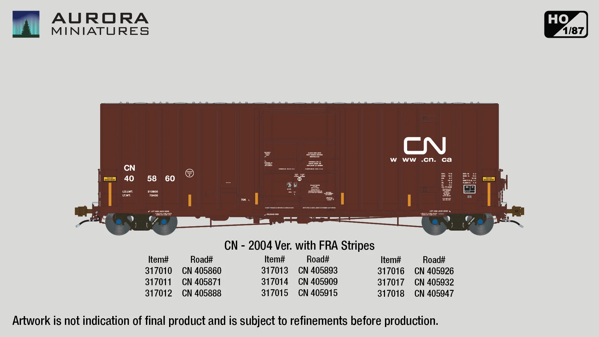 Aurora Miniatures HO Canadian National CN 50' Boxcar 405888 (2004 Delivery w/ Stripes)