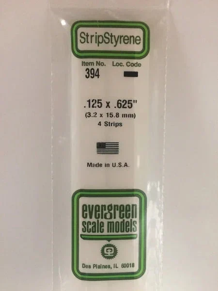 Evergreen .125" X .625" X 24" OPAQUE WHITE POLYSTYRENE STRIP - Evergreen Scale Models