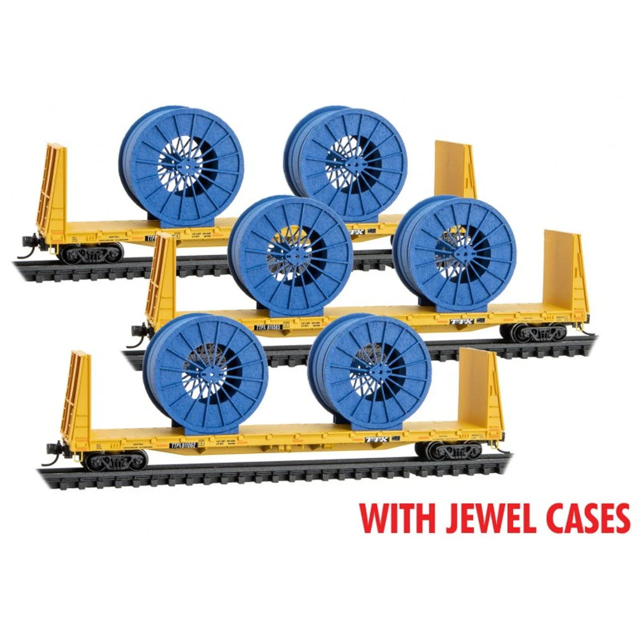 Micro Trains N Scale TPX 3-pack w/ Cable Load (61' Bulkhead Flat w/ Cable Load) - Jewel Cases TTPX 811062 811085 811133