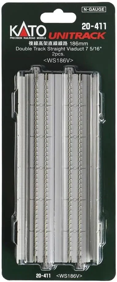 N Kato Unitrack N 186mm (7 5/16") Concrete Slab Double Track Straight Viaduct Track 2 pcs 20411