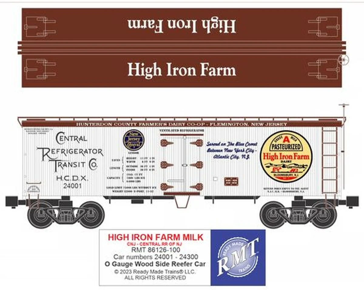 Ready Made Trains O Scale Woodside Reefer CNJ-High Iron Farm - RMT86126100