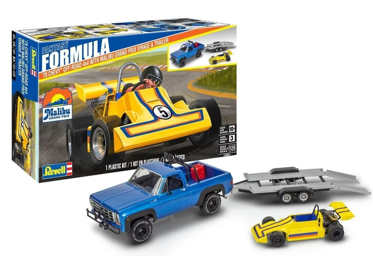 Revell 1/25 â€™78 Chevy Off-Road 4x4 Plastic Model Kit W/Malibu Grand Prix Virage & Trailer Plastic Model Kit - RMX14581