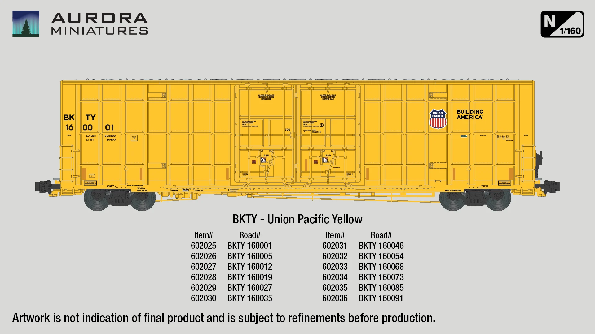 Aurora Miniatures N BKTY 160035 (UP Yellow) Greenbrier 7550 cf 60' Plate F Boxcar