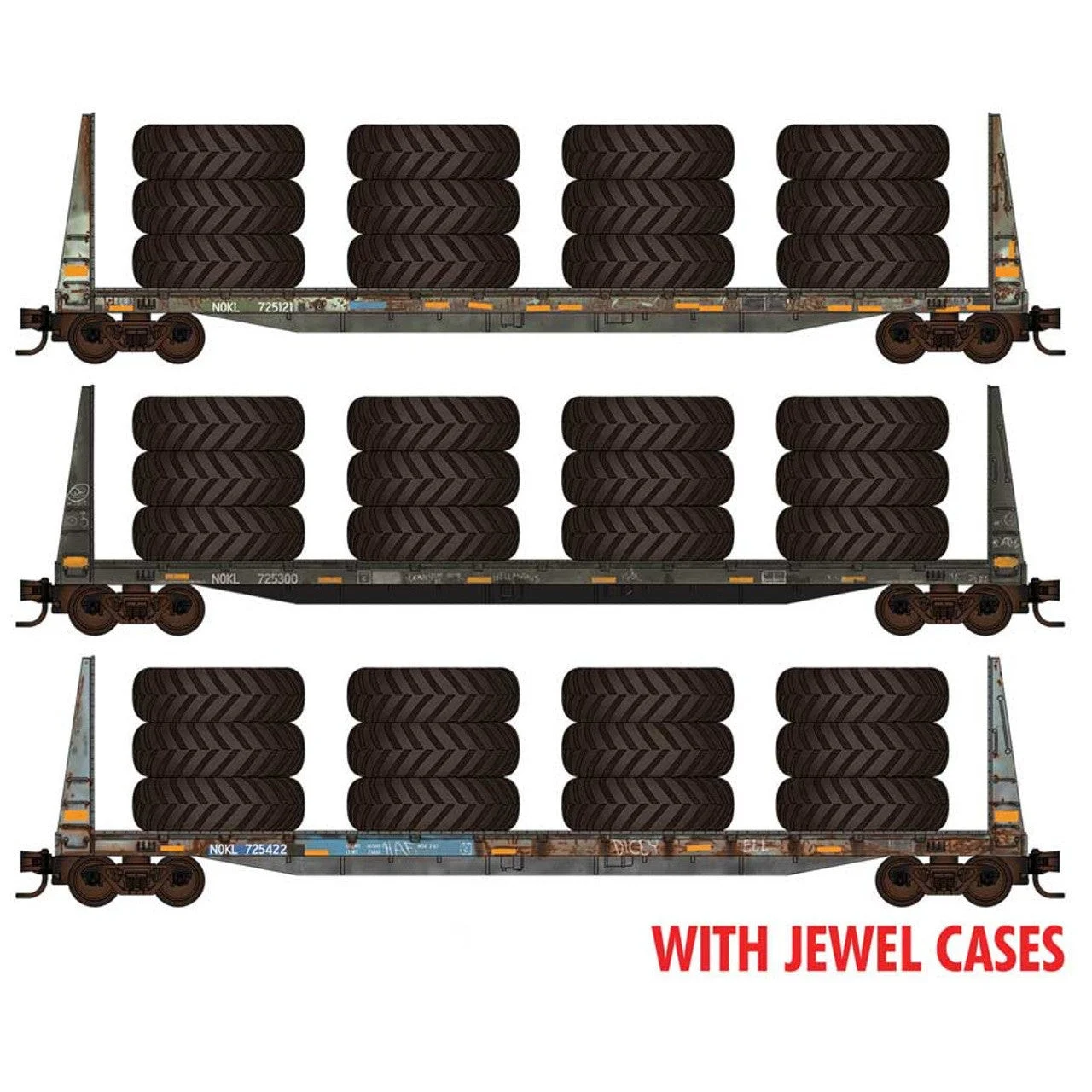 Micro Trains N Scale 61' Bulkhead Flat 3-pack Weathered w/tire load Northwestern Oklahoma Railroad NOKL 725121, 725300, 725422 Jewel Case
